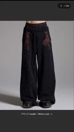 grancy ラインストーンデザインレイヤードスウェットパンツ ブラック S