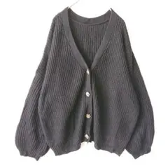 シーインカーブ Vネック リブニットカーディガン 大きいサイズ ボリューム袖