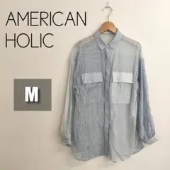 【美品】AMERICAN HOLIC 長袖シャツ M ストライブ 透け感あり