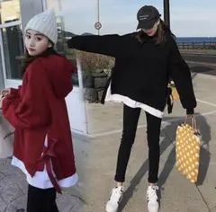 【大好評】裾リボン スエットパーカー トレーナー 裏起毛 重ね着風 フリー