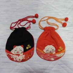ちりめん　巾着　猫　福笑　2個セット　和柄