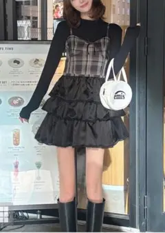 グレイル　リブニットトップス×チェック柄ティアードキャミワンピース セットアップ