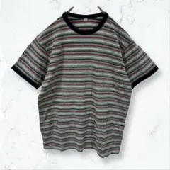 s153 ユニクロ ボーダー半袖Tシャツ グレー S 胸ポケット カジュアル