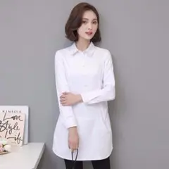 レディース シャツ カジュアル ロングシャツ ホワイト◆