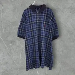 【k7443】希少USA古着ノーティカ90s当時物チェック半袖ポロシャツ刺繍ロゴ