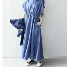 SHIPS シップス テレデランカット　ワンピース リネン100 洗える ブルー