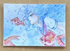 原画 A4サイズ 水中の少女 金魚 アクリル画 人物画 絵画 額縁付き