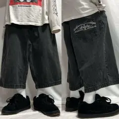 00s Southpole ブラック デニム バギーパンツ ショーツ 刺繍 極太