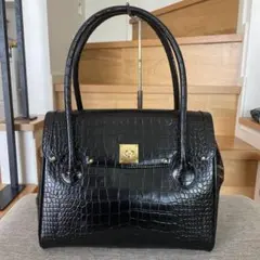 極美品】HAMANO コッコブリエ ミニ クロコ 型押し 黒 ハンドバッグ