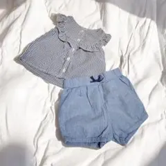 Ｈ&M 女の子 セットアップ風 ストライプトップス デニムキュロット 50～60
