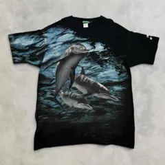 【90s・シングルステッチ】NATURE イルカ 総柄プリントTシャツ XL 黒のサムネイル