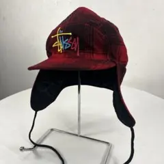 STUSSY ステューシー　チェック　ウール　キャップ　ボア　耳当て　帽子　刺繍