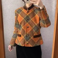 ヴィンテージ レトロ古着 バンドカラーチェック柄ジャケット パイル オレンジ系