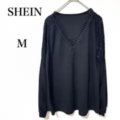 SHEIN シーン　Vネック　長袖　リブニットトップス　ブラック　M レース