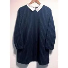 【美品】レイカズン ストライプ Aラインワンピース ひざ丈 長袖 襟付 ネイビー