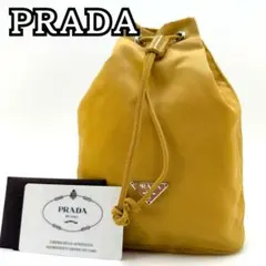 美品★PRADA 巾着 ドローストリング 三角ロゴプレート マルチポーチ 黄色