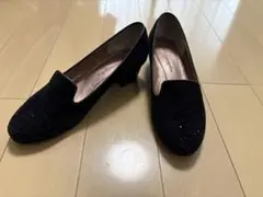 銀座かねまつ　ビジュー付きブラックスエードパンプス　ローファー　フォーマル