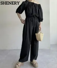 シーナリー ストレッチ オフショルオールインワン ネイビー SHENERYのサムネイル