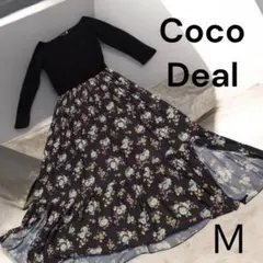 Coco Deal ニットドッキングプリーツワンピース 花柄 M 黒 リブニット