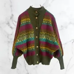 ニットカーディガンセーター総柄デザインカーキドルマンスリーブヴィンテージ古着