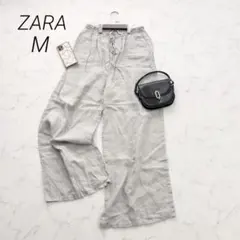 ZARAリネンワイドパンツウエスト総ゴムひも付きライグレー系フレアMーL相当