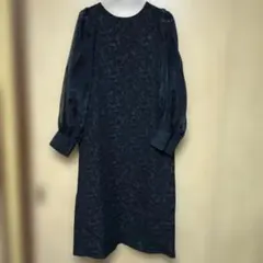 異素材切り替えバックリボン長袖ふくれジャガードロングドッキングワンピース