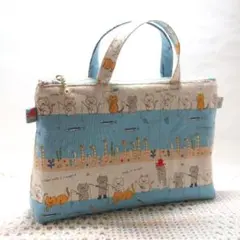 700 ハンドメイド ミニトートバッグ 釣り猫とチンアナゴ 水色