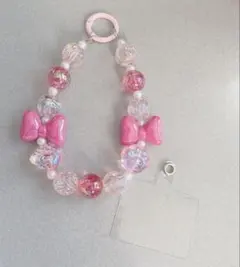 ビーズストラップ ピンク リボン 肉球 パール ハンドメイド