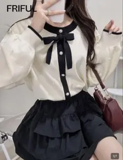 シーイン　FRIFUL ラウンドネック リボン付き ルーズカーディガン パール付