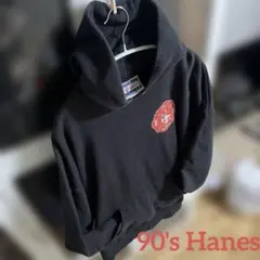 90's Hanes プルオーバー　パーカー　裏起毛　両面プリント　黒