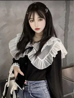 SHEIN フリル トップス 黒 白 韓国