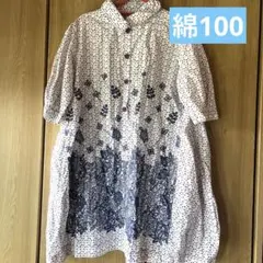 小花柄　刺繍五分袖シャツ　チュニック