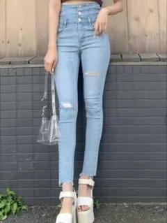 春服 【EMODA】 美品 レースアップ ハイウエスト スキニー デニム パンツ