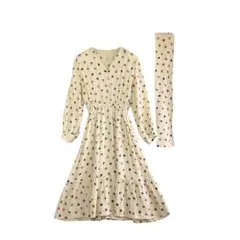 ヴィンテージ レトロ 総柄 シルクワンピース長袖 リボン付き ベージュ M