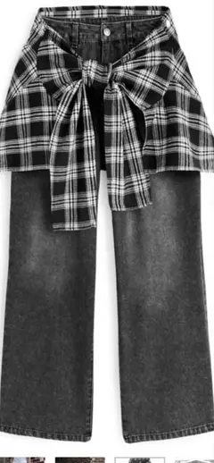 NH202 ブラック・チェック デニムパンツ S 新品