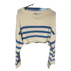 ZARA アイボリーと青のストライプ クロップドニット　セーター