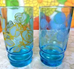 昭和レトロ アデリア グラス ブルーガラス 花柄 レトロポップ 当時物