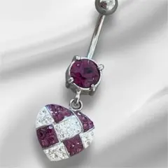 14G へそピアス ボディピアス ハート型 市松模様 クリスタル＆アメジスト