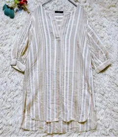 美品【ラエフ】(2S)スキッパーチュニックシャツブラウスストライプ茶系通勤日本製のサムネイル
