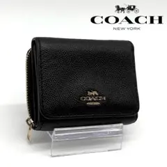 【美品】 COACH 三つ折り財布 レザー コンパクト シグネチャー ブラック