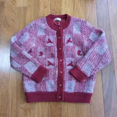 赤系 チェック柄 ニットカーディガン厚手 M