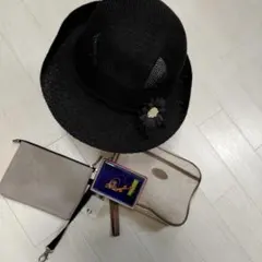 春夏帽子＆竹細工ブローチ＆ポーチ4点セット