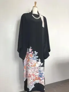 着物リメイク♡黒留袖セットアップ　ワンピース&ボレロ（鶴・お花）