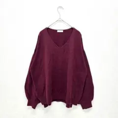 アース トップス ニット セーター Vネック バルーン袖 レッド フリー 秋冬