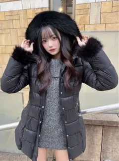 GRL ベルト付きファーAラインダウンコート[kd79] ブラック M 美品