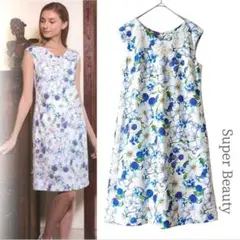 スーパービューティー／レース&ビジュー 華やかボタニカル柄ワンピース ブルー