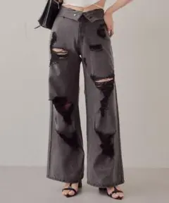 chico チコ　ダメージワイドデニムパンツ　グレー　グランジ