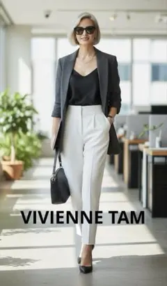 VIVIENNE TAM 麻混高腰打褶長褲 白色 L