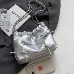 SHEIN シルバー ギャザー リボン ハンドバッグ ショルダーバッグ