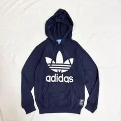 アディダス adidas ネイビー ロゴ フード付きパーカー 綿ニット XS